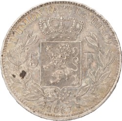 No reserve - Belgium. Leopold II. 5 Francs. 1867.