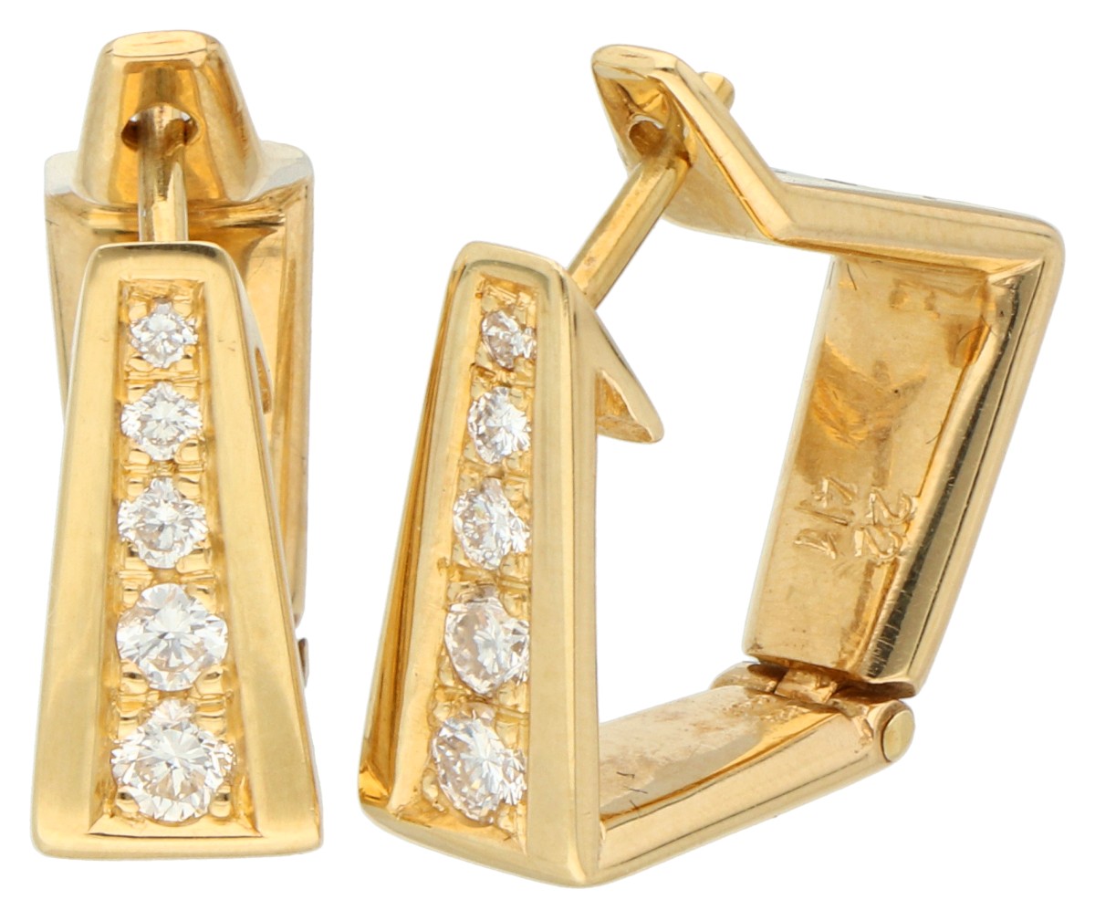 14K Geelgouden trapeze-vormige klapcreolen bezet met ca. 0.30 ct. diamant.