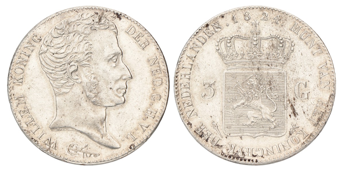 3 Gulden. Willem I. 1824 U. Prachtig -.