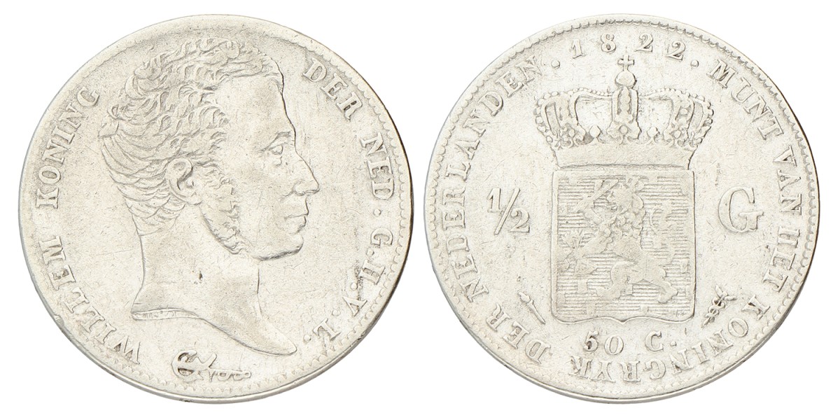 ½ Gulden. Willem I. 1822. Prachtig.