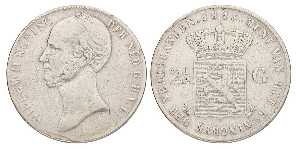 2½ Gulden. Willem II. 1845. Zeer Fraai.