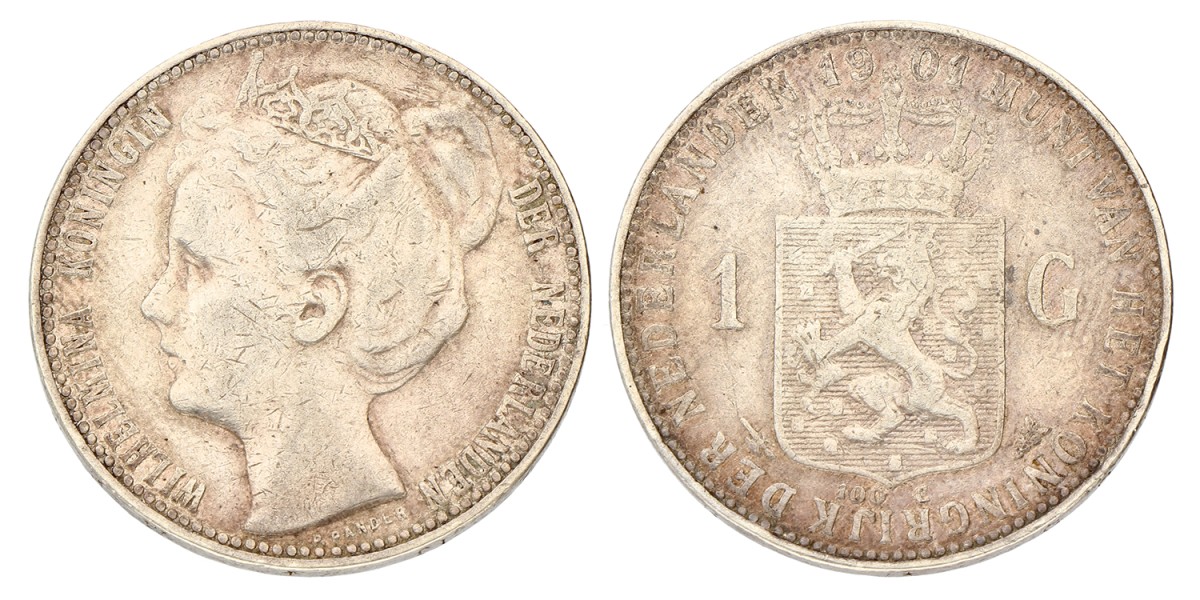 1 Gulden. Wilhelmina. 1901. Zeer Fraai.