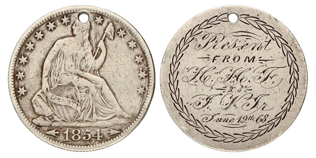 USA. 50 Cents - Engraved with 'Present from H.H.J to J.V.J. june 19th 68'. 1854.