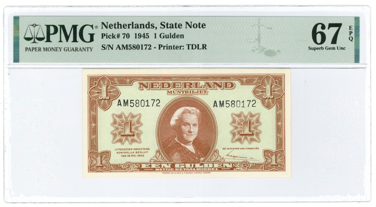 Nederland. 1 gulden 1945. Muntbiljet. Type 1945. - PMG 67EPQ