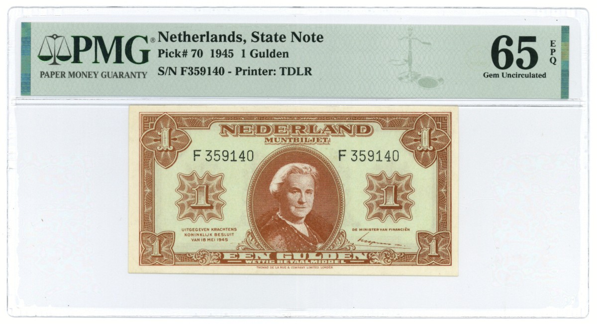 Nederland. 1 gulden. Muntbiljet. Type 1945. - PMG 66EPQ