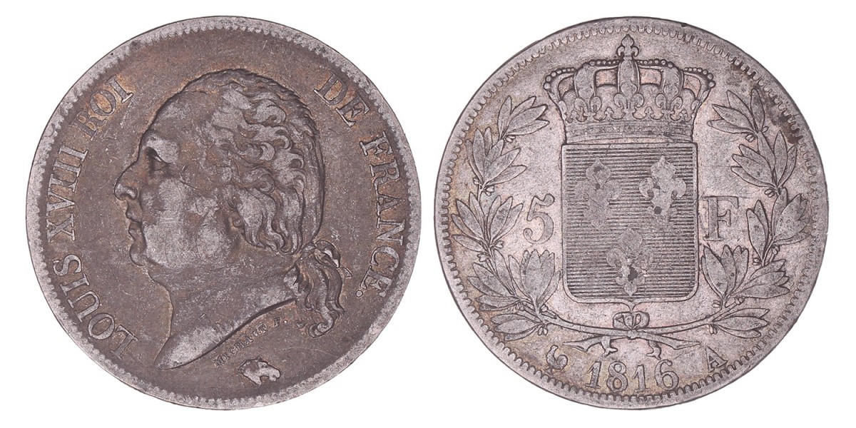 France. Louis XVIII. 5 Francs. 1816 A.
