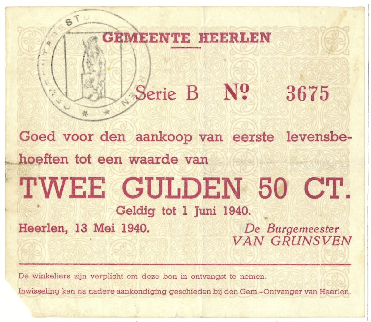 Nederland. 2½ gulden. Waardebon. Type 1940. Type Heerlen. - Zeer Fraai.