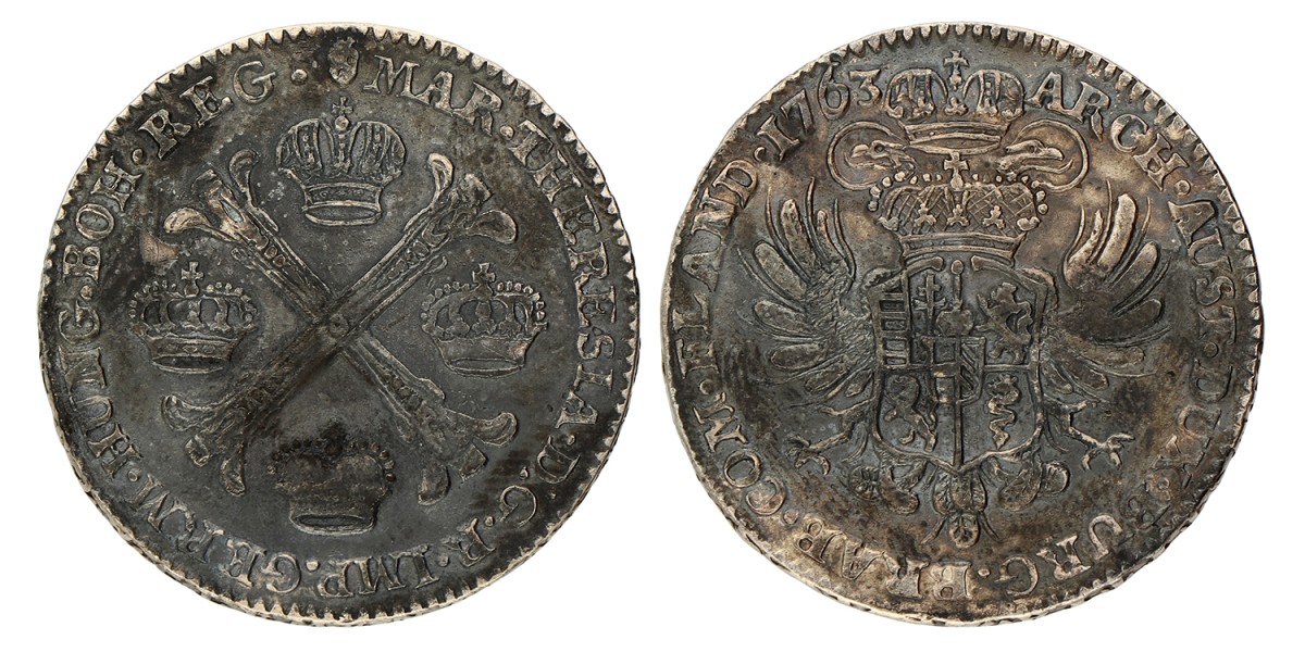 Halve kronenthaler. Brabant. Brussel. Maria Theresia. 1763. Zeer Fraai +.