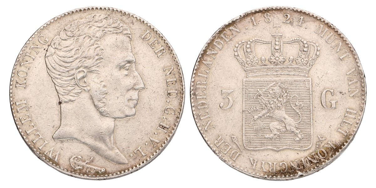 3 Gulden. Willem I. 1824 U met streep. Zeer Fraai.