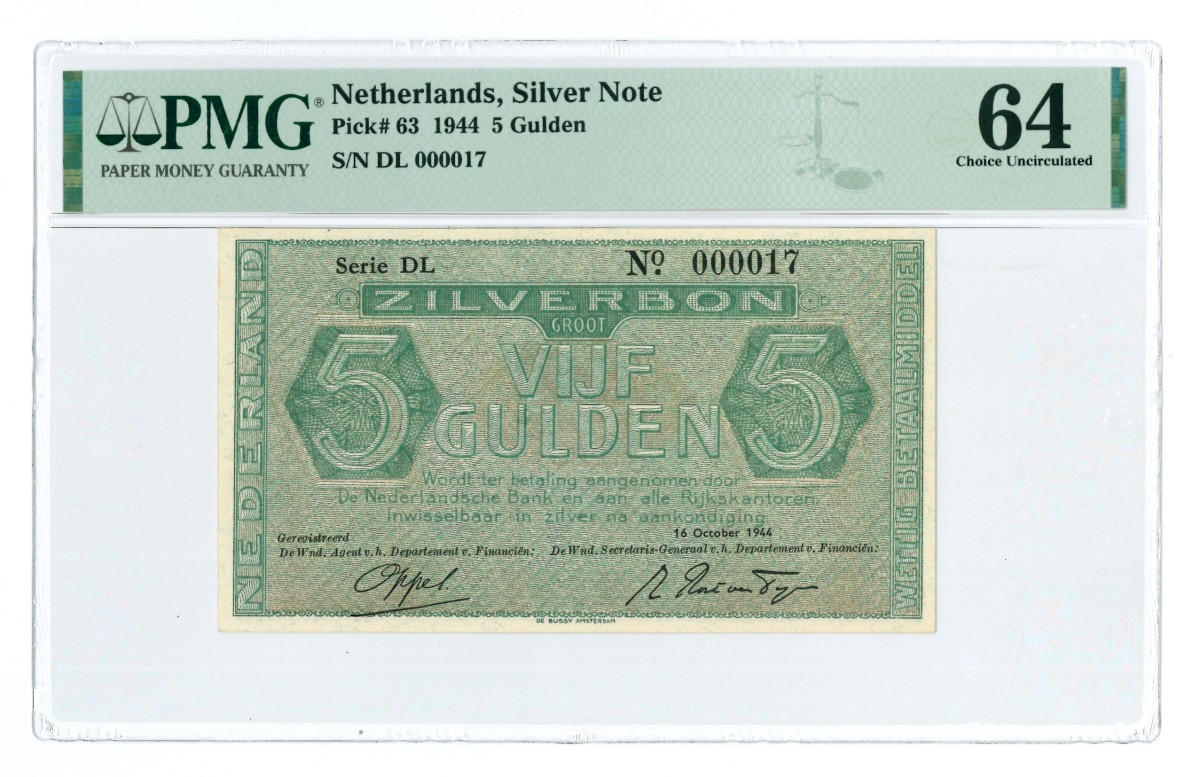 Nederland. 5 gulden. Zilverbon. Type 1944. - PMG 64