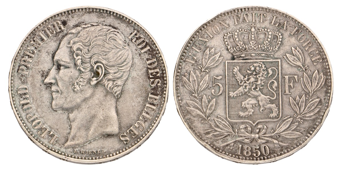 No reserve - Belgium. Leopold I. 5 Francs. 1850.