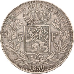 No reserve - Belgium. Leopold I. 5 Francs. 1850.