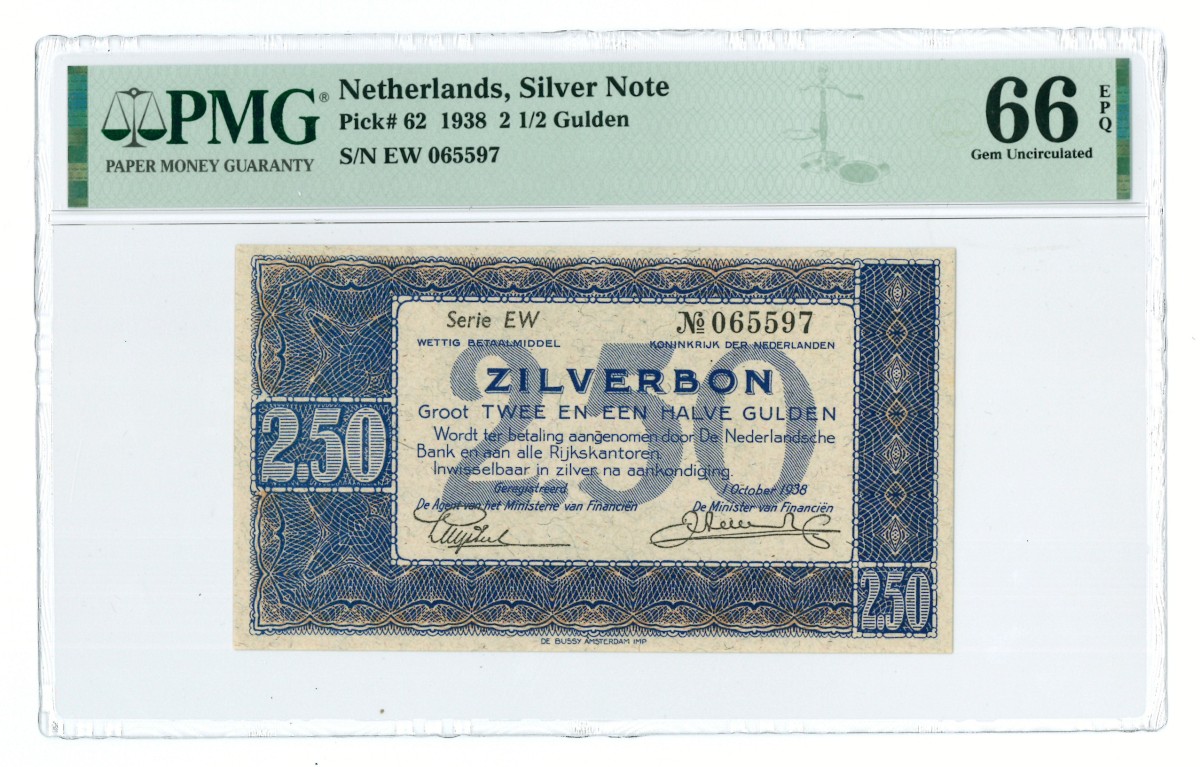 Nederland. 2½ gulden. Zilverbon. Type 1938. - PMG 66EPQ