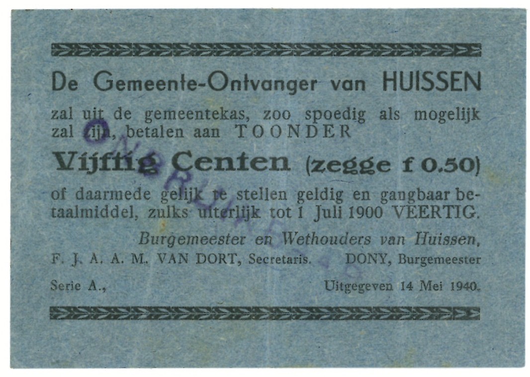 Nederland. 50 cent. Waardebon. Type 1940. Type Huissen. - Zeer Fraai.