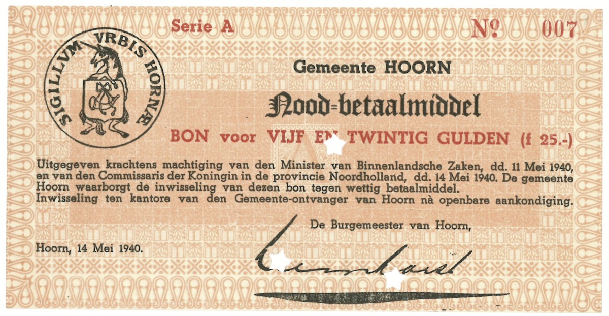 Nederland. 25 gulden. Waardebon. Type 1940. Type Hoorn. - Zeer Fraai.