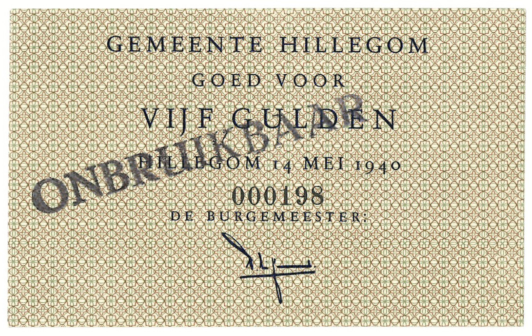 Nederland. 5 gulden. Waardebon. Type 1940. Type Hillegom. - UNC.