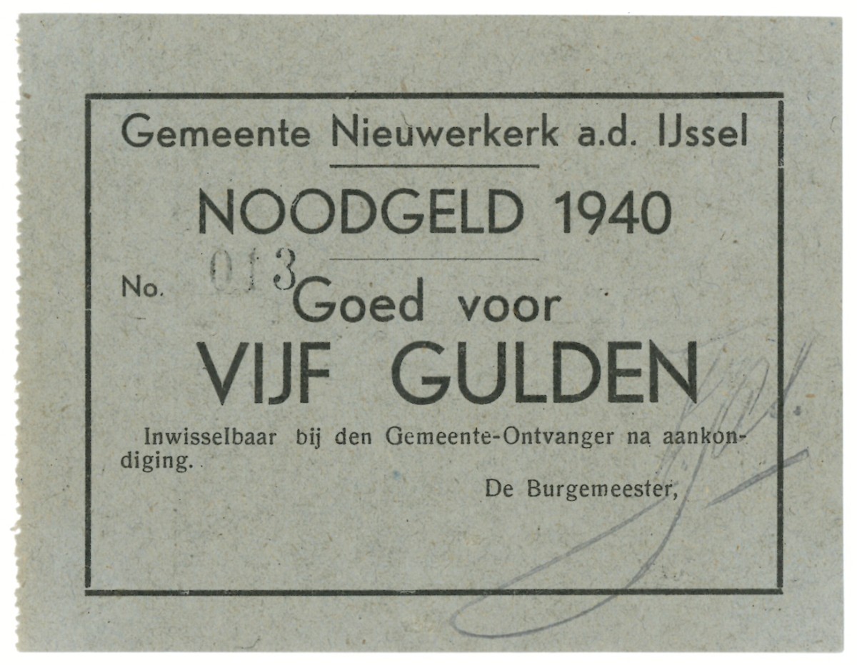 Nederland. 5 gulden. Waardebon. Type 1940. Type Nieuwerkerk aan de IJssel. - UNC.
