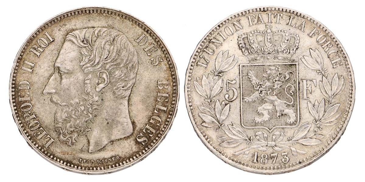 No reserve - Belgium. Leopold II. 5 Francs. 1873.