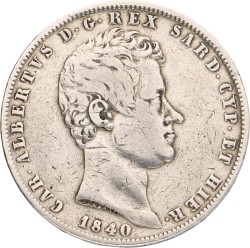 No reserve - Italian states. Kingdom of Sardinia. Carlos Alberto. 5 Lire. 1840 P.