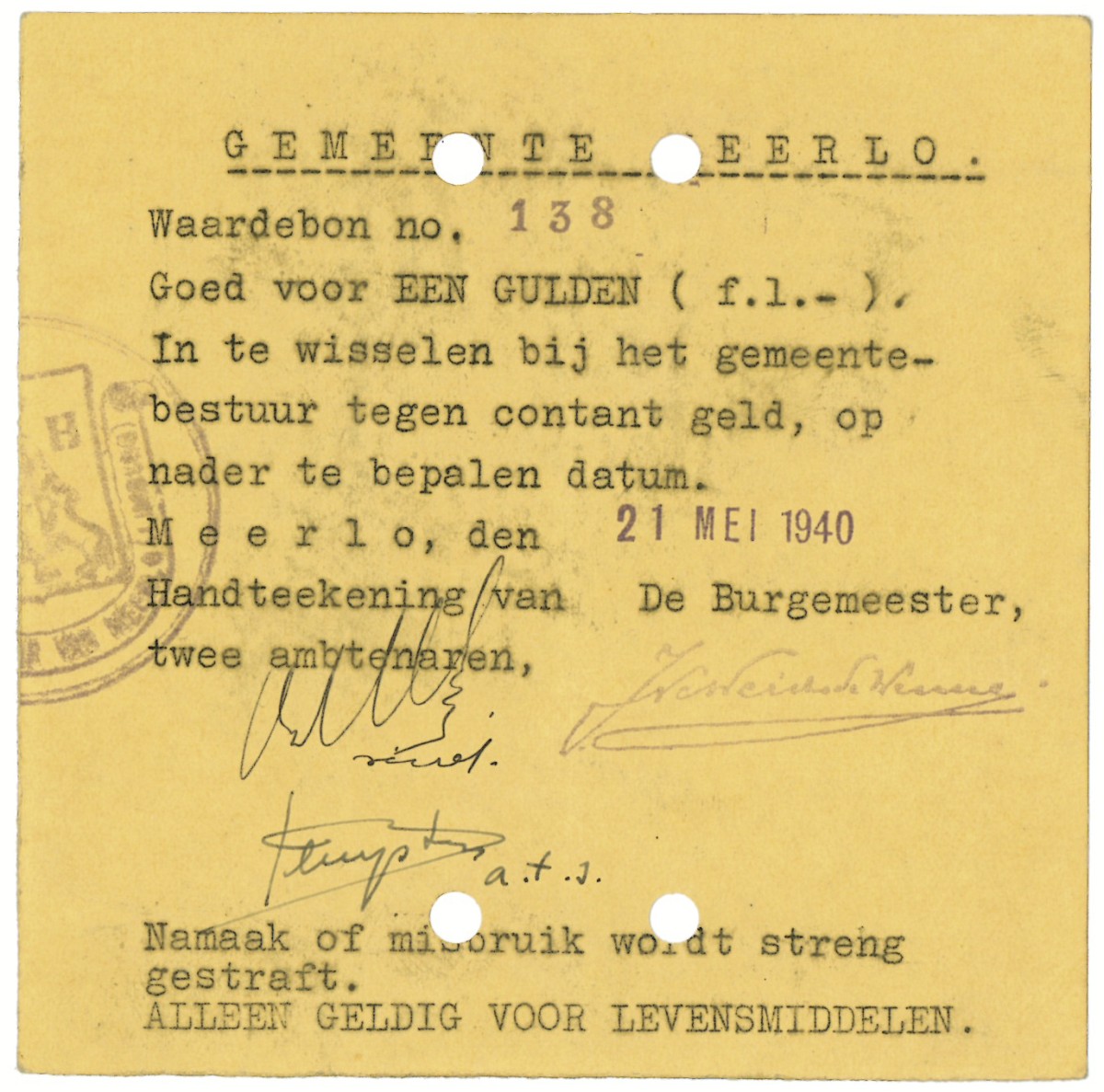 Nederland. 1 gulden. Waardebon. Type 1940. Type Meerlo. - Zeer Fraai.