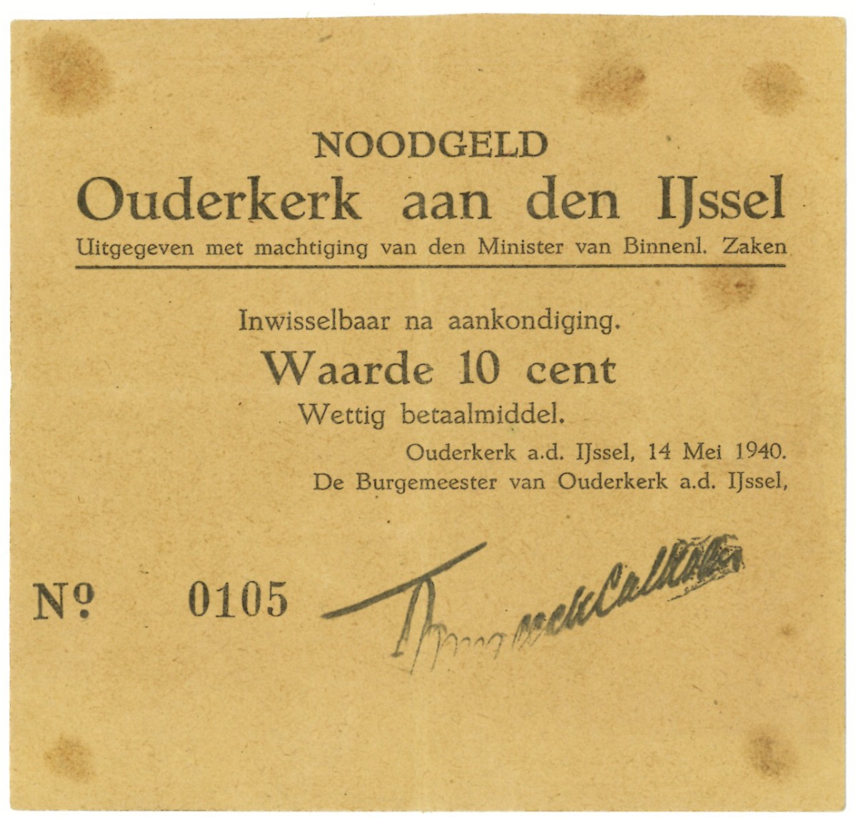 Nederland. 10 cent. Waardebon. Type 1940. Type Ouderkerk aan de IJssel. - Zeer Fraai.