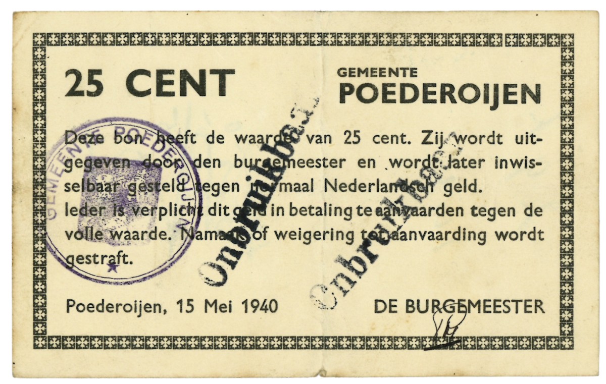 Nederland. 25 cent. Waardebon. Type 1940. Type Poederooijen. - Zeer Fraai -.