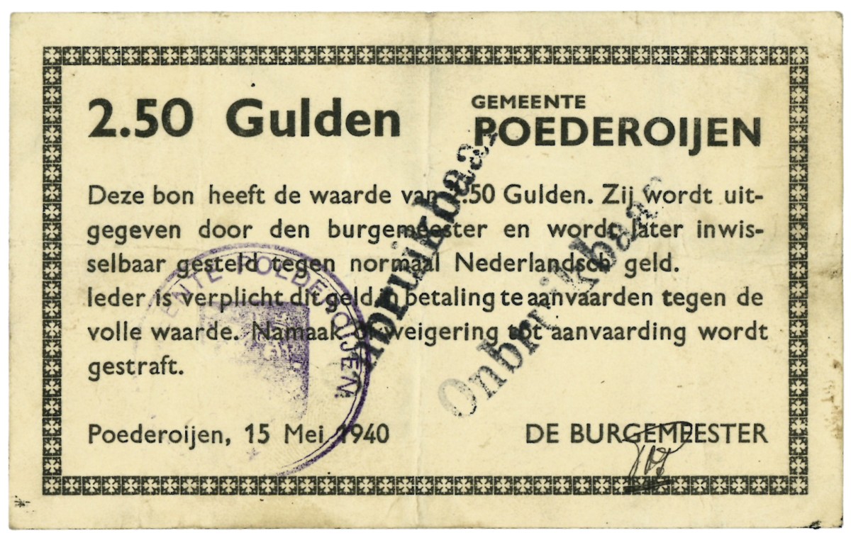 Nederland. 2½ gulden. Waardebon. Type 1940. Type Poederooijen. - Zeer Fraai -.