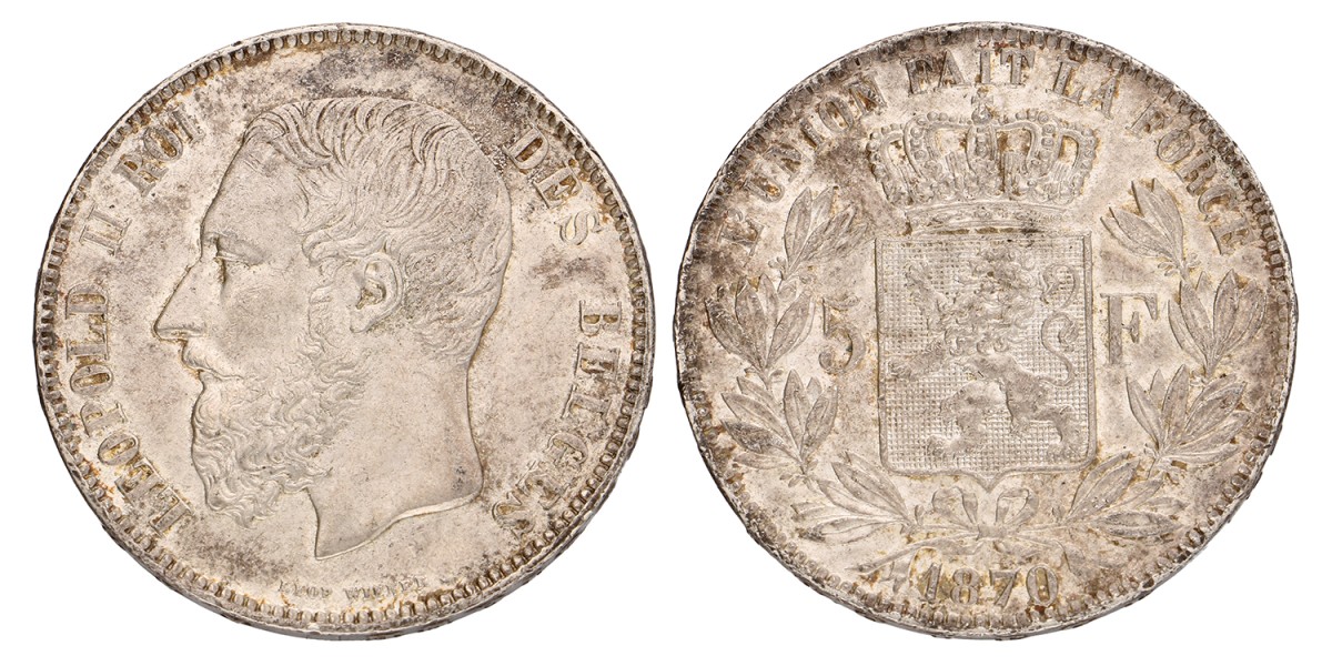 No reserve - Belgium. Leopold II. 5 Francs. 1870.