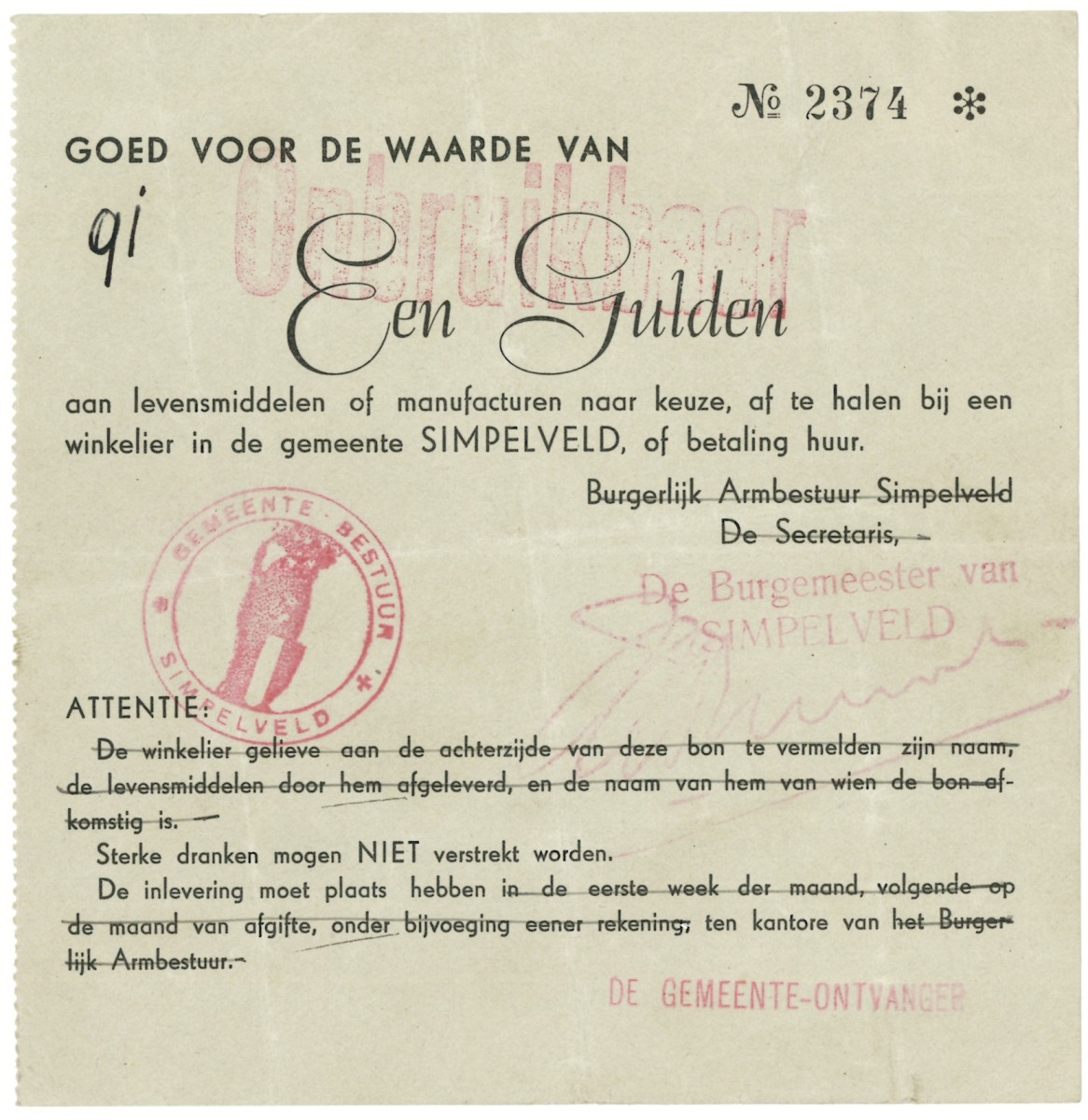 Nederland. 1 gulden. Waardebon. Type 1940. Type Simpelveld. - Zeer Fraai.