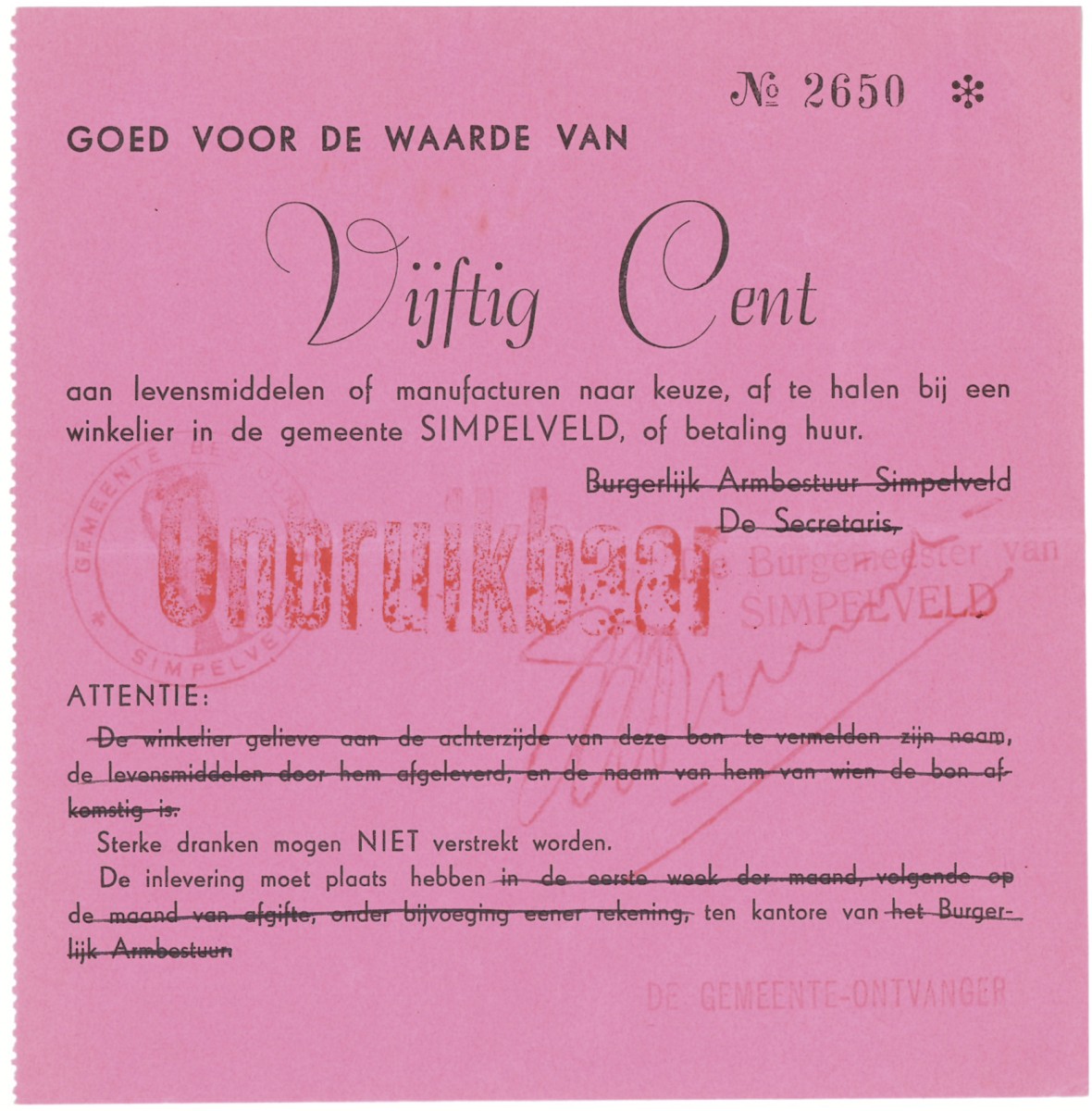 Nederland. 50 cent. Waardebon. Type 1940. Type Simpelveld. - Zeer Fraai.