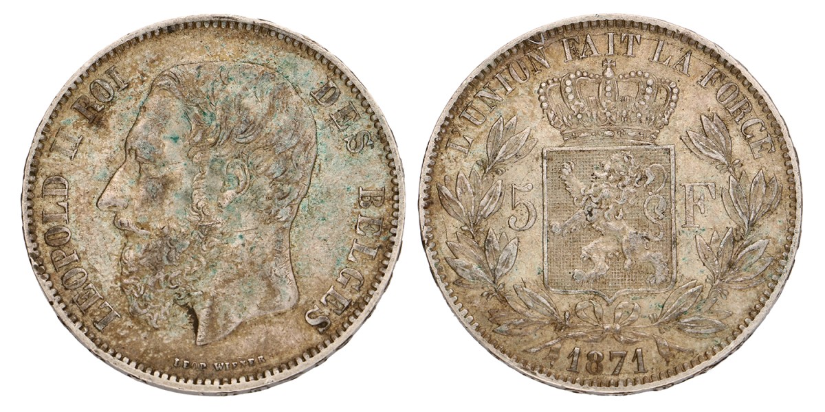 No reserve - Belgium. Leopold II. 5 Francs. 1871.