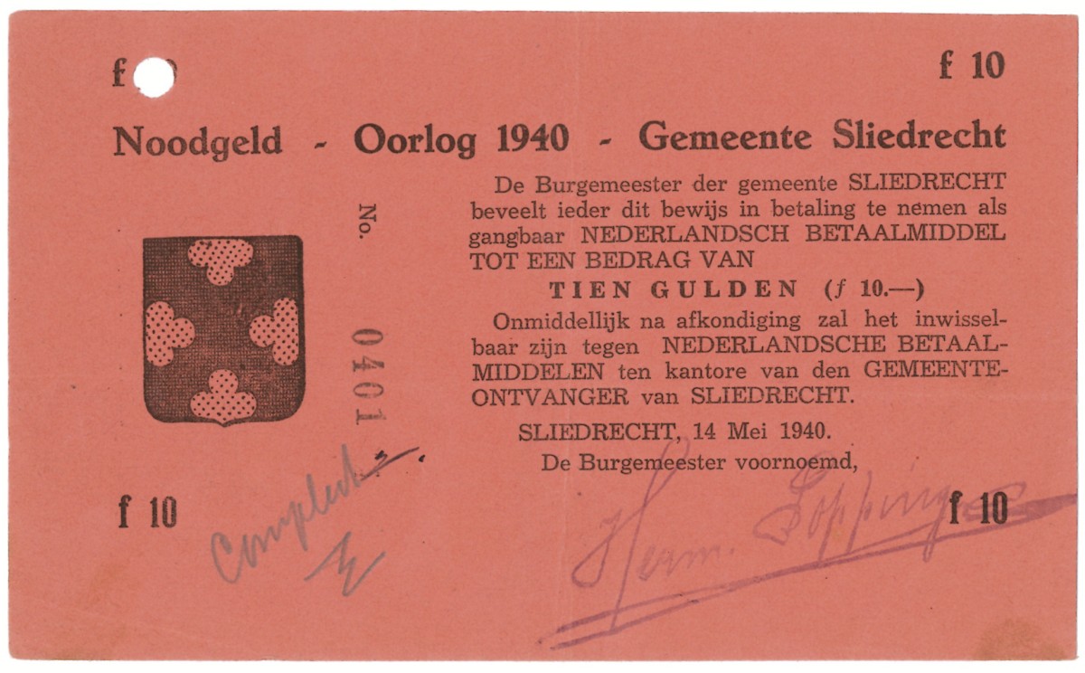 Nederland. 10 gulden. Waardebon. Type 1940. Type Sliedrecht. - Prachtig.