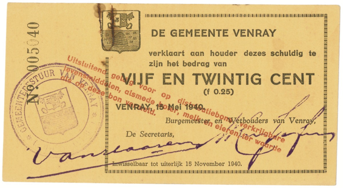 Nederland. 25 cent. Waardebon. Type 1940. Type Venray Limburg. - Zeer Fraai.