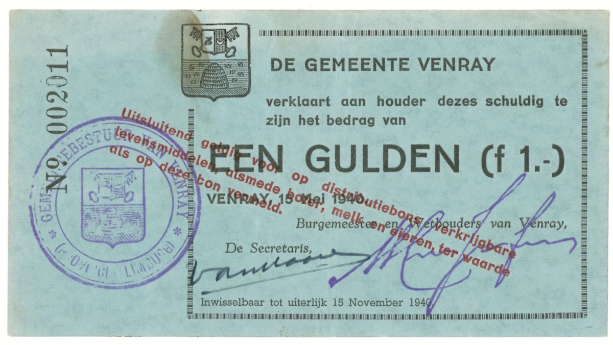 Nederland. 1 gulden. Waardebon. Type 1940. Type Venray Limburg. - Zeer Fraai.