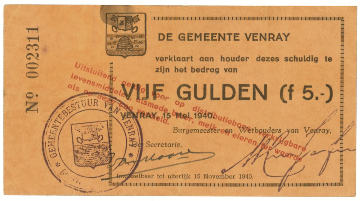 Nederland. 5 gulden. Waardebon. Type 1940. Type Venray Limburg. - Zeer Fraai.