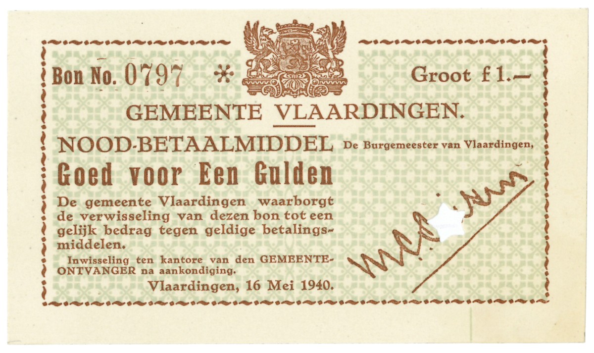 Nederland. 1 gulden. Waardebon. Type 1940. Type Vlaardingen. - UNC.