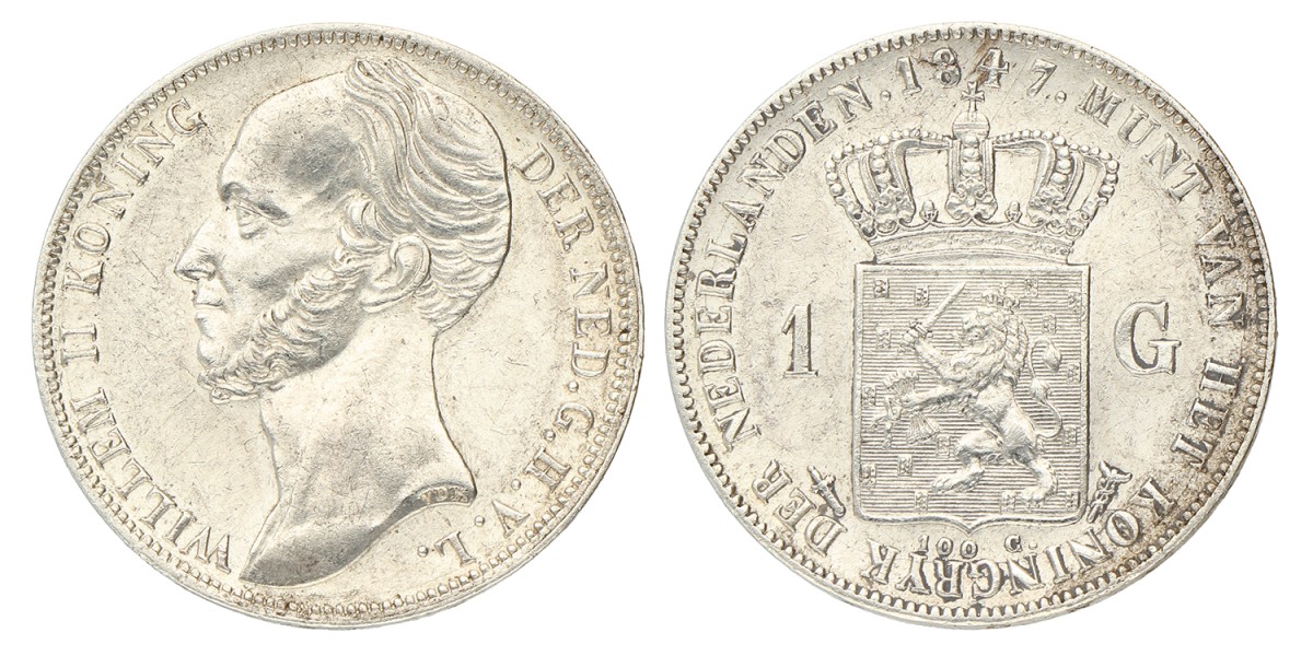 1 Gulden. Willem II. 1847. Prachtig.