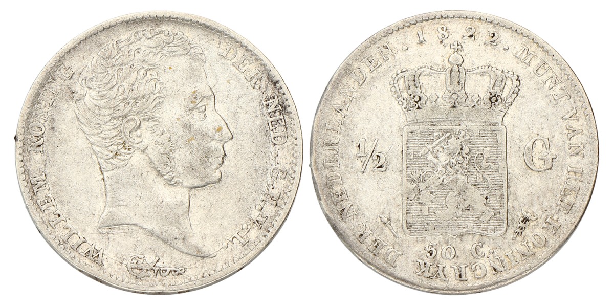 ½ Gulden. Willem I. 1822 U Zonder Michaut. Zeer Fraai.
