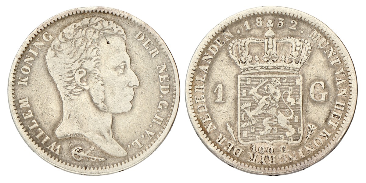 1 Gulden. Willem I. 1832. Zeer Fraai -.