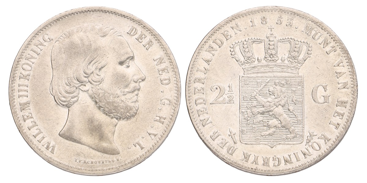 2½ Gulden. Willem III. 1853-52. Zeer Fraai +.