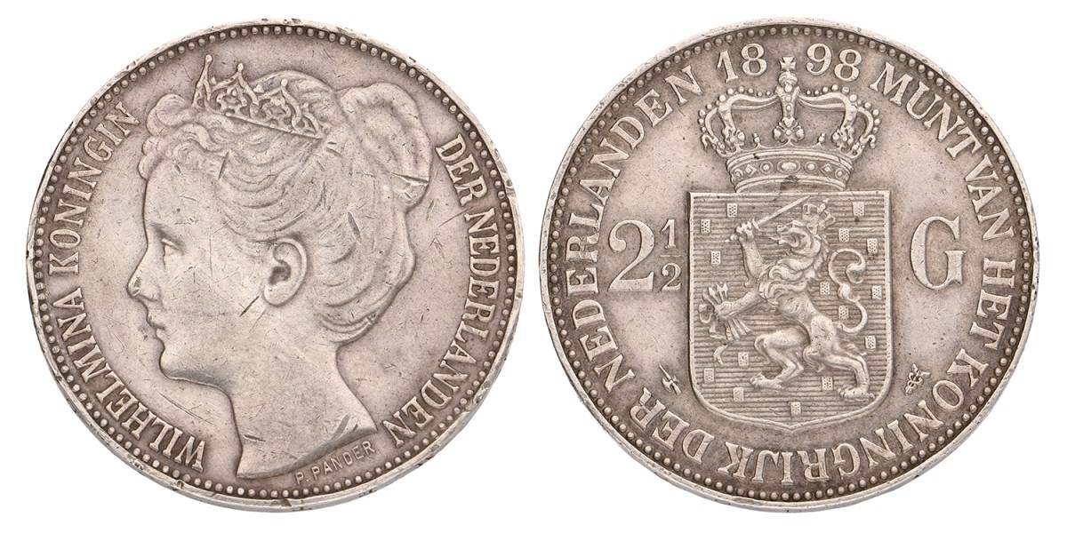 2½ Gulden. Wilhelmina. 1898. Zeer Fraai.