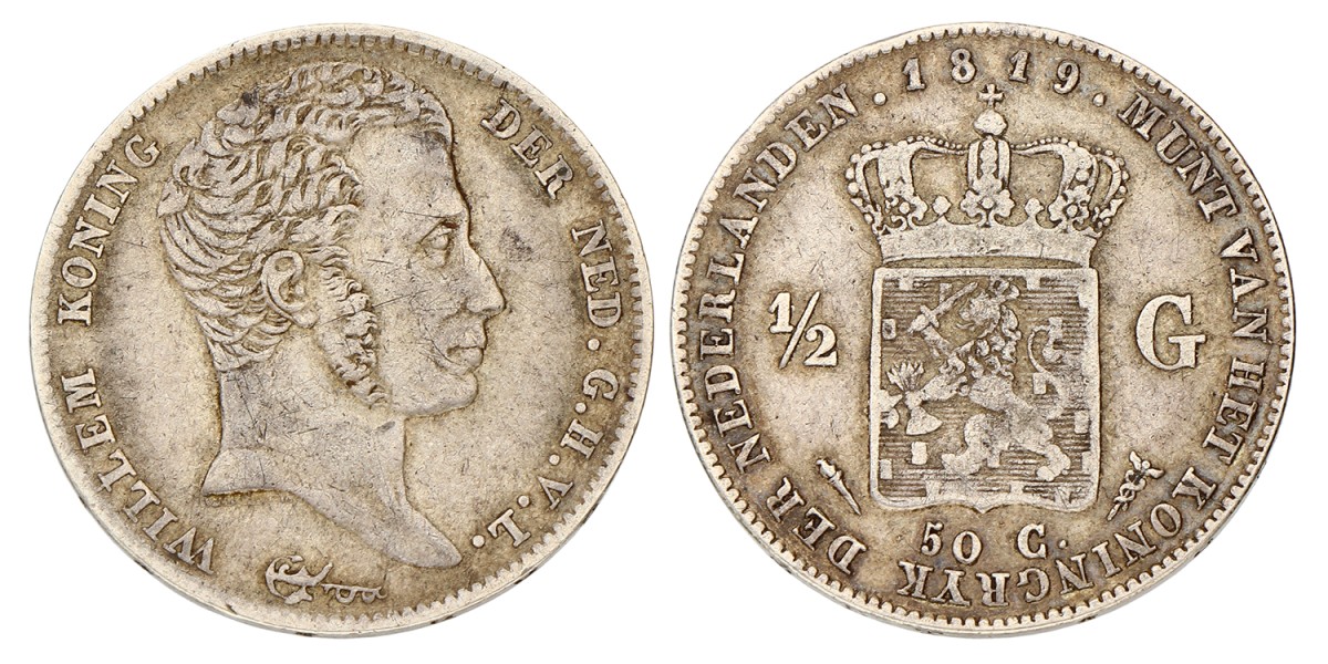 ½ Gulden. Willem I. 1819 U. Zeer Fraai +.