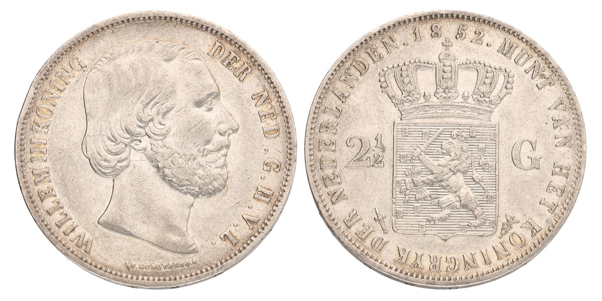 2½ Gulden. Willem III. 1852. Zeer Fraai / Prachtig.