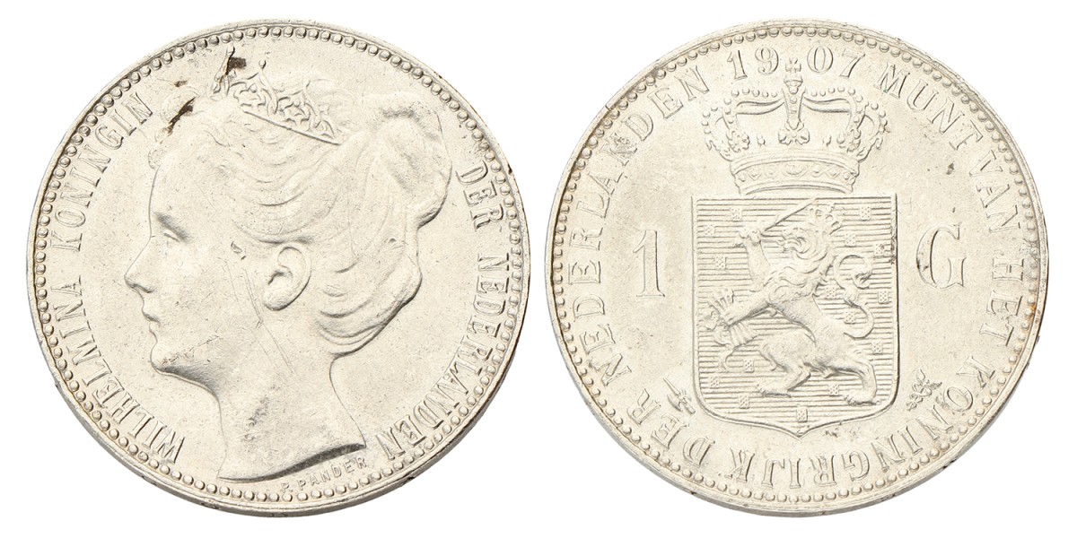 1 Gulden. Wilhelmina. 1907. Prachtig.