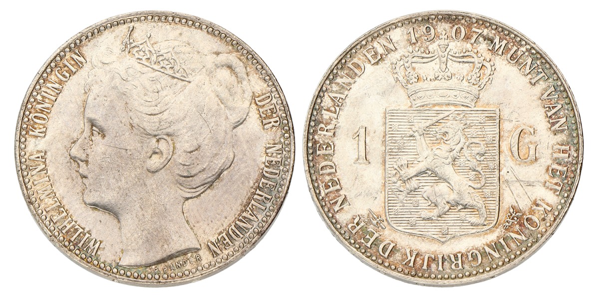 1 Gulden. Wilhelmina. 1907. Zeer Fraai / Prachtig.