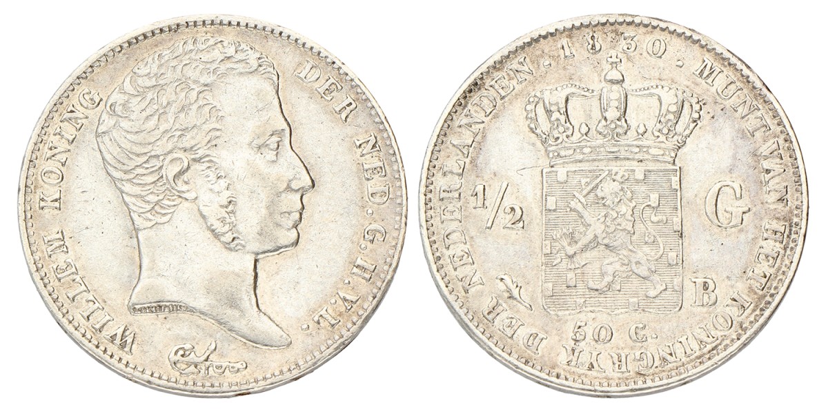 ½ Gulden. Willem I. 1830 B. Zeer Fraai +.