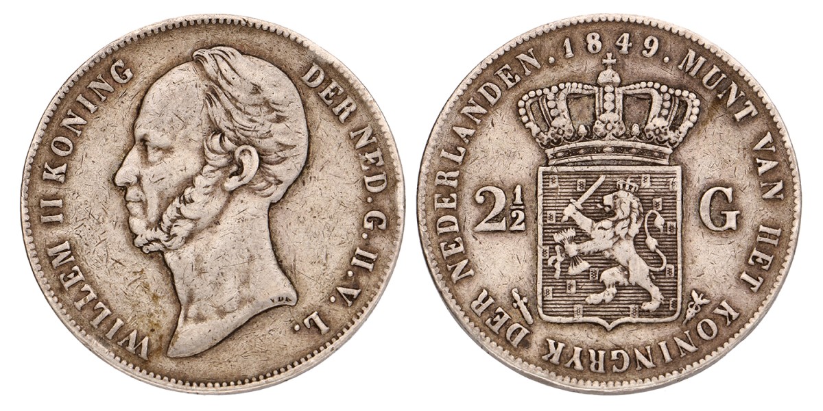 2½ Gulden. Willem II. 1849. Zeer Fraai.