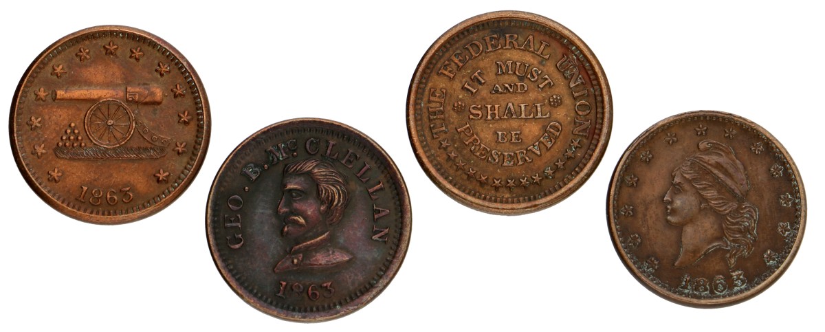 USA. Civil War Tokens. Lot (4) 1 Cent Token 'Army and Navy'. 1863.