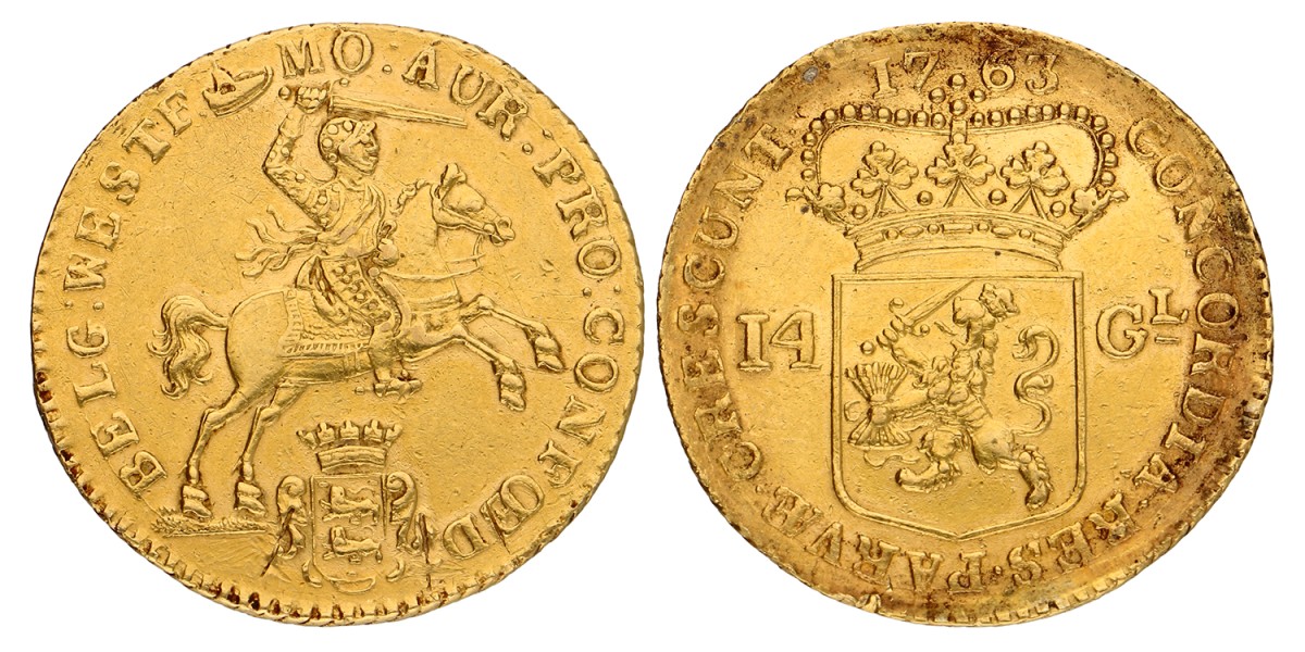 Gouden rijder van 14 gulden. West-Friesland. 1763. Zeer Fraai +.
