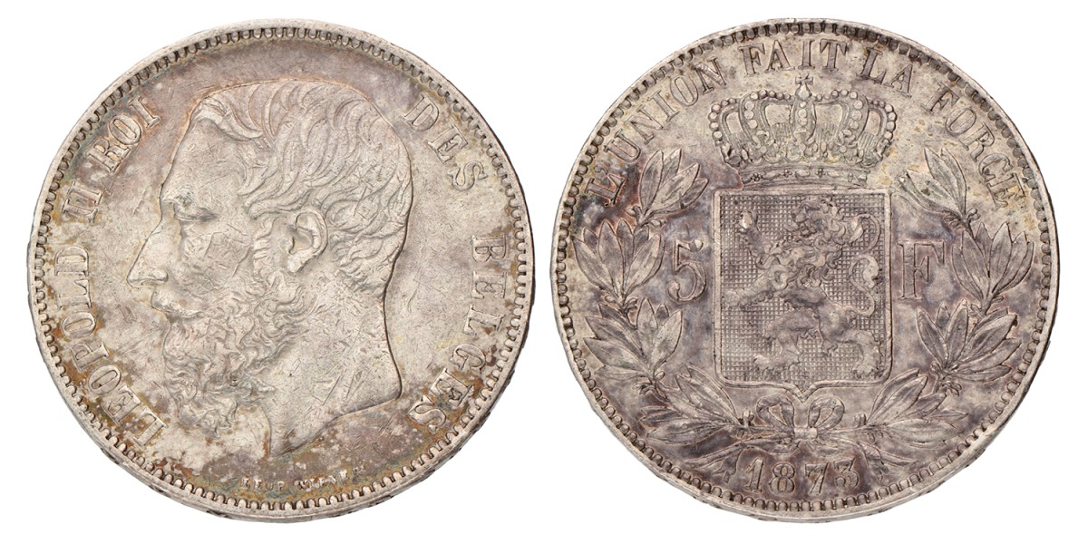 No reserve - Belgium. Leopold II. 5 Francs. 1873.